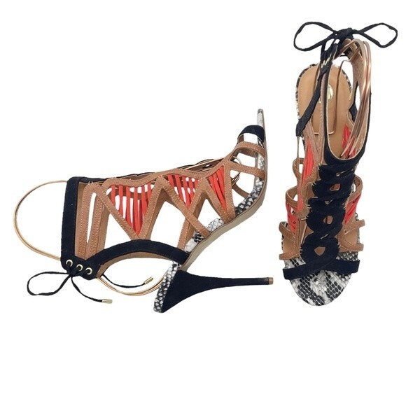 River Island Strappy Caged Mixed Print Heels Black Coral Tan Women’s 7 US | 5 UK - Picture 3 of 16